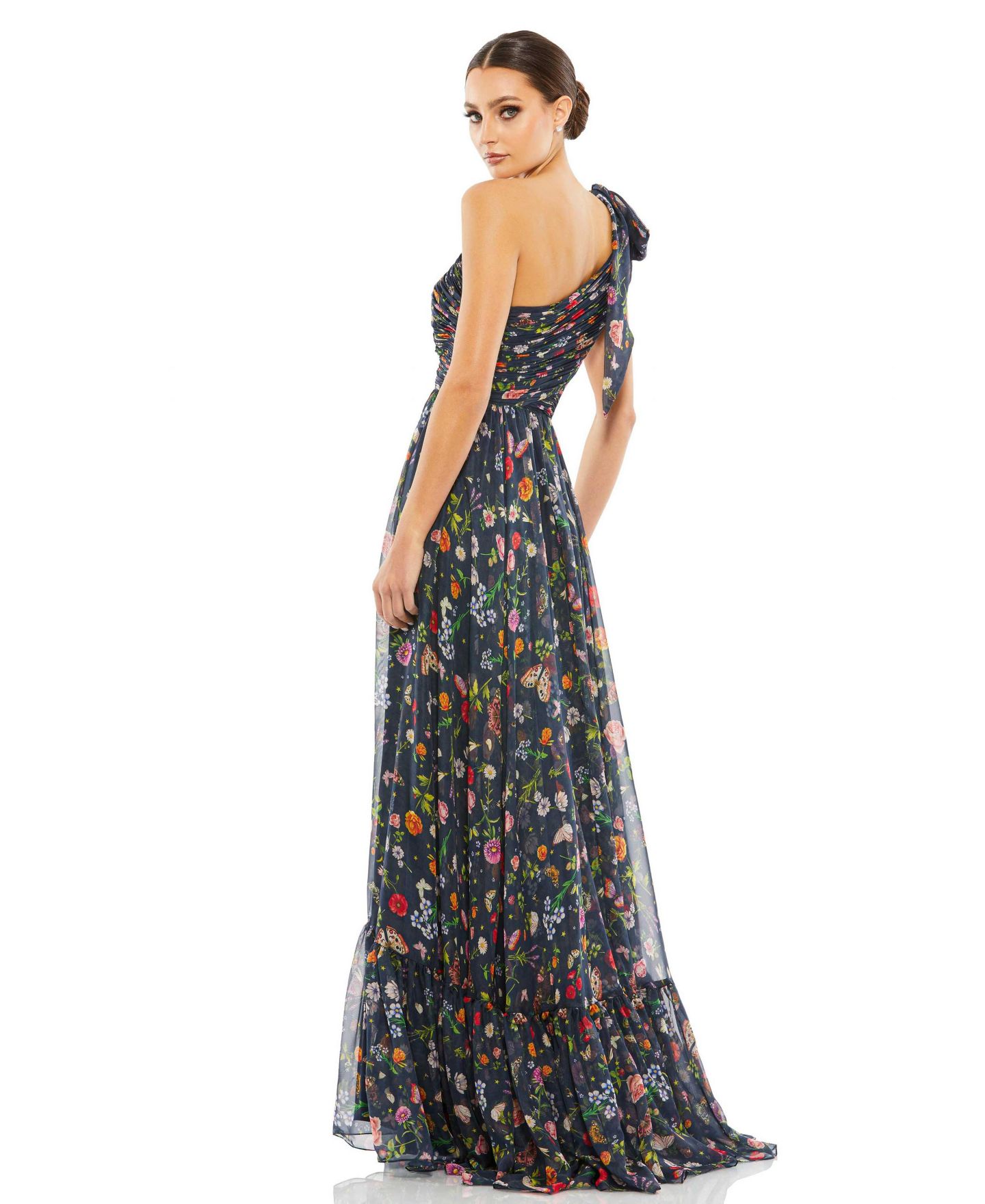 Женское платье Mac Duggal Tied One Shoulder Cut-Out Flowy Gown, цвет: Тёмно-синий разноцветный — фото 2