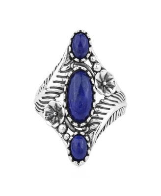 Sterling Silver Lapis Oval Leaf and Vine Ring, Sizes 5 to 11