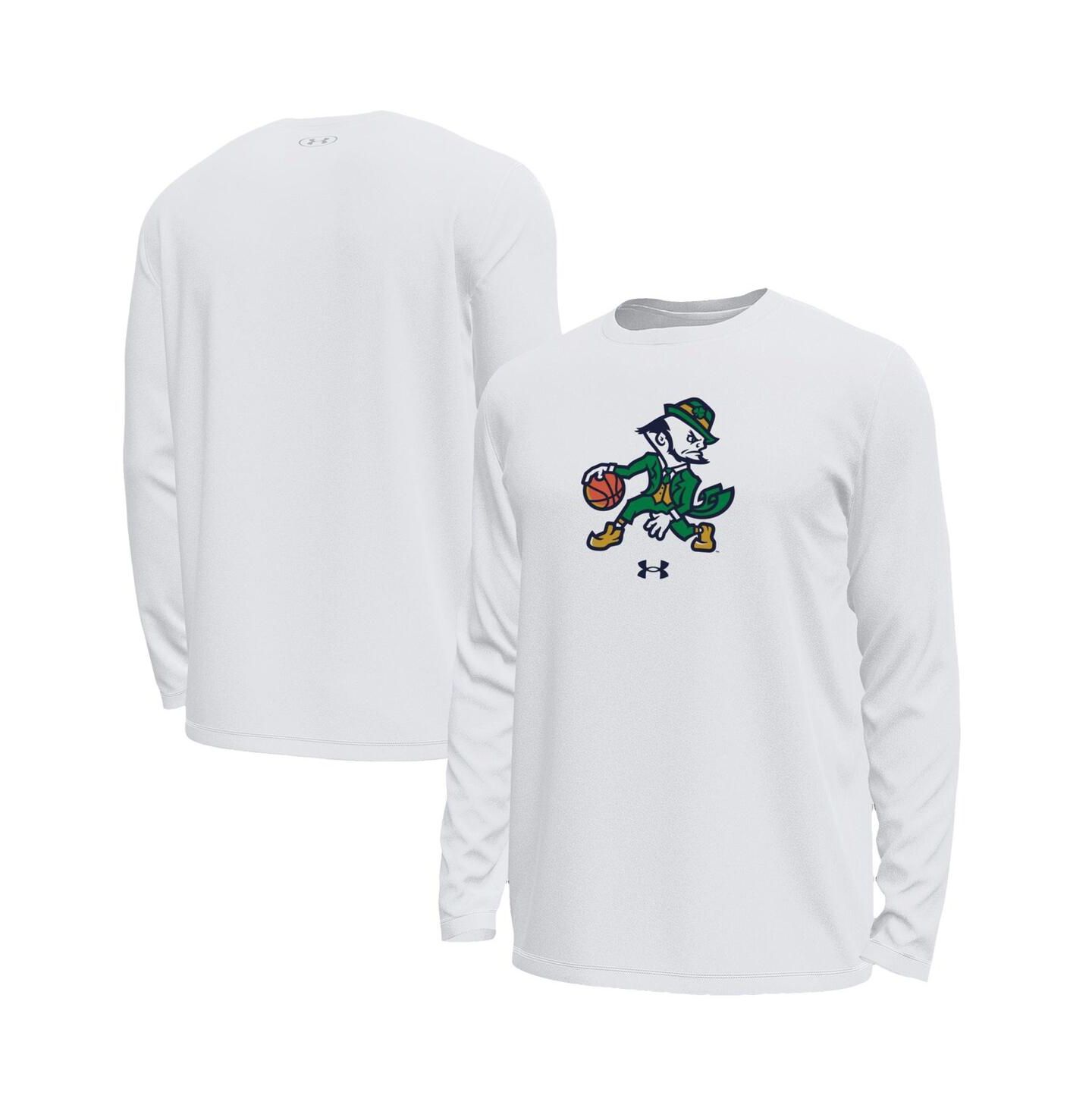 Мужская футболка Under Armour White Notre Dame Fighting Irish Basketball Leprechaun Tech Stretch Long Sleeve — фото 1