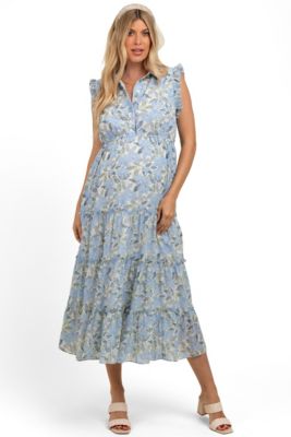 Maternity Blue Floral Print Frilled Pocketed Midi Dress