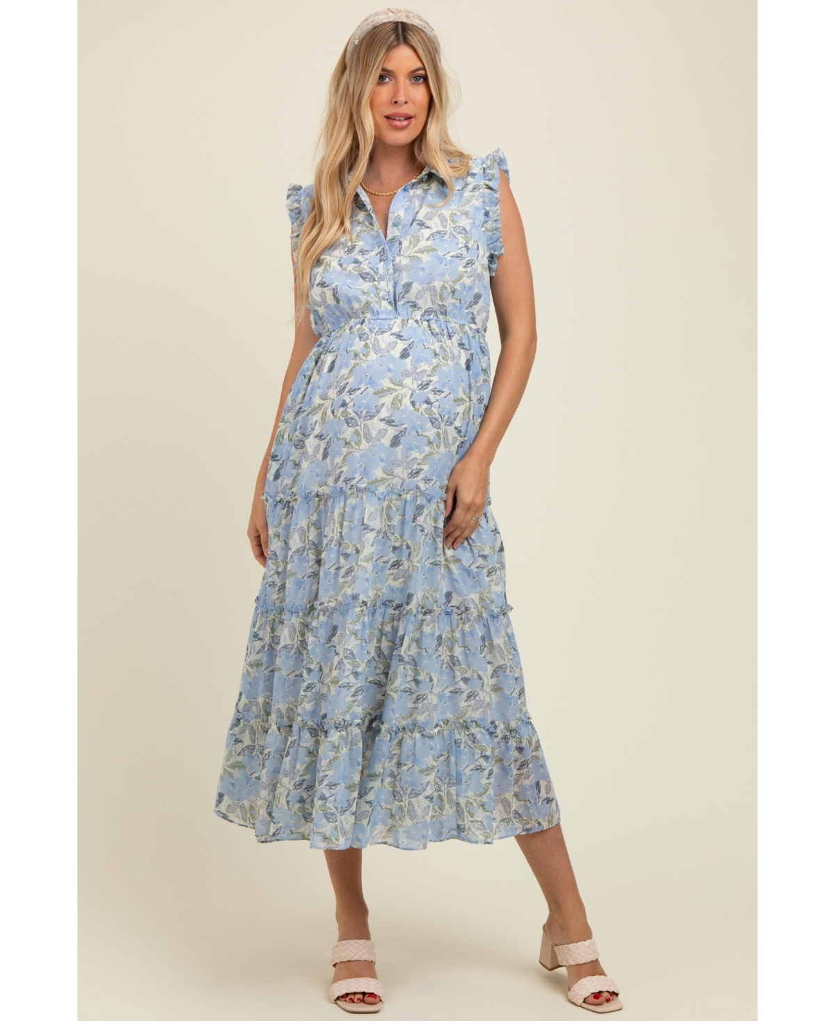Pinkblush Maternity Blue Floral Print Frilled Pocketed Midi Dress