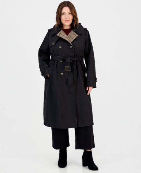 Женское пальто London Fog Plus Size Plaid Collar Belted Trench Coat, Created for Macy's, цвет: Чёрный