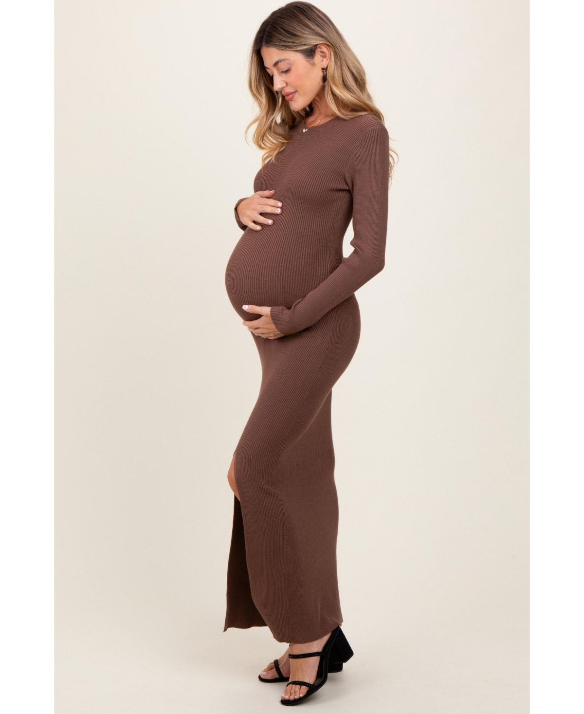 Pinkblush Maternity Mocha Ribbed Knit Long Sleeve Side Slit Maxi Dress