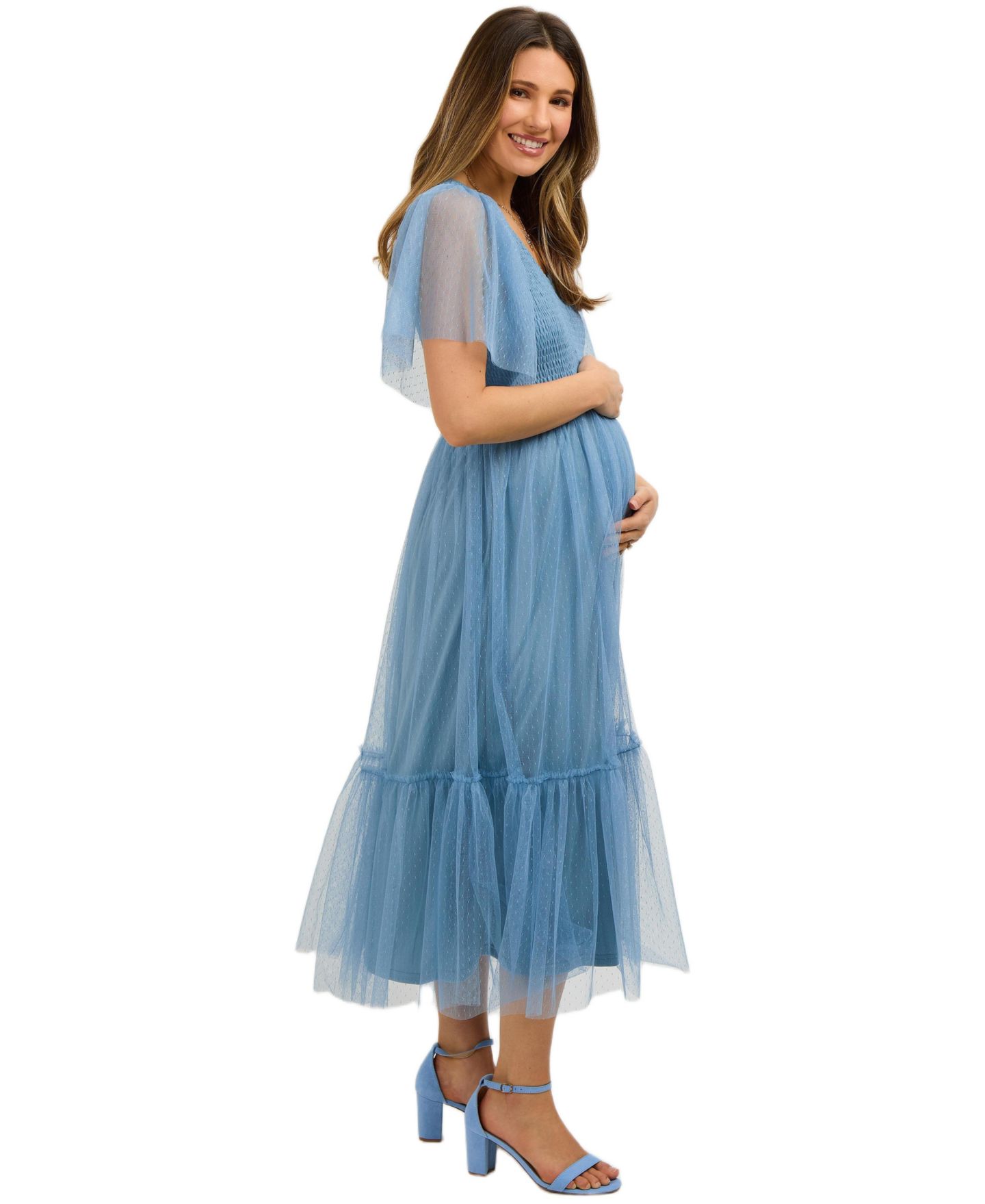 Женское платье Pinkblush Dotted Tulle Smocked Midi, цвет: Синий — фото 3