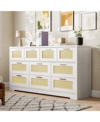 10 Drawer Rattan Dresser for Bedroom, Modern Farmhouse Wooden Storage Cabinet with Handles