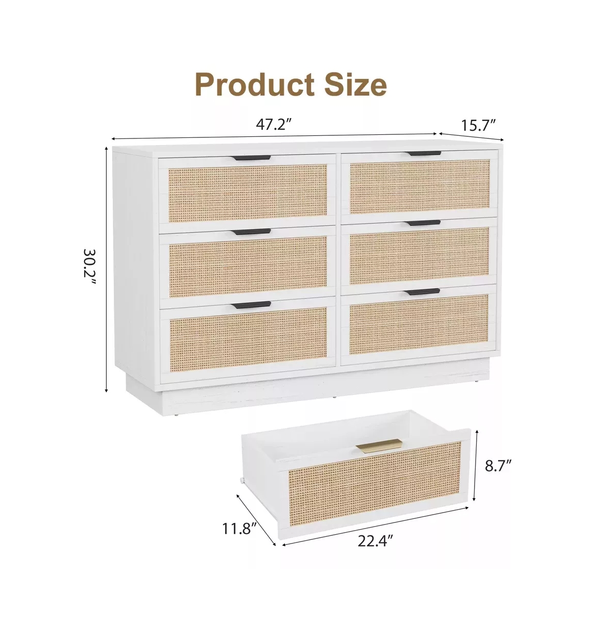 gaomon Rattan 6 Drawer Dresser with Metal Handles, 47" Wide Double Storage Chest for Bedroom Home Office
