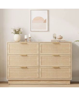 Rattan 6 Drawer Dresser with Metal Handles, 47" Wide Double Storage Chest for Bedroom Home Office