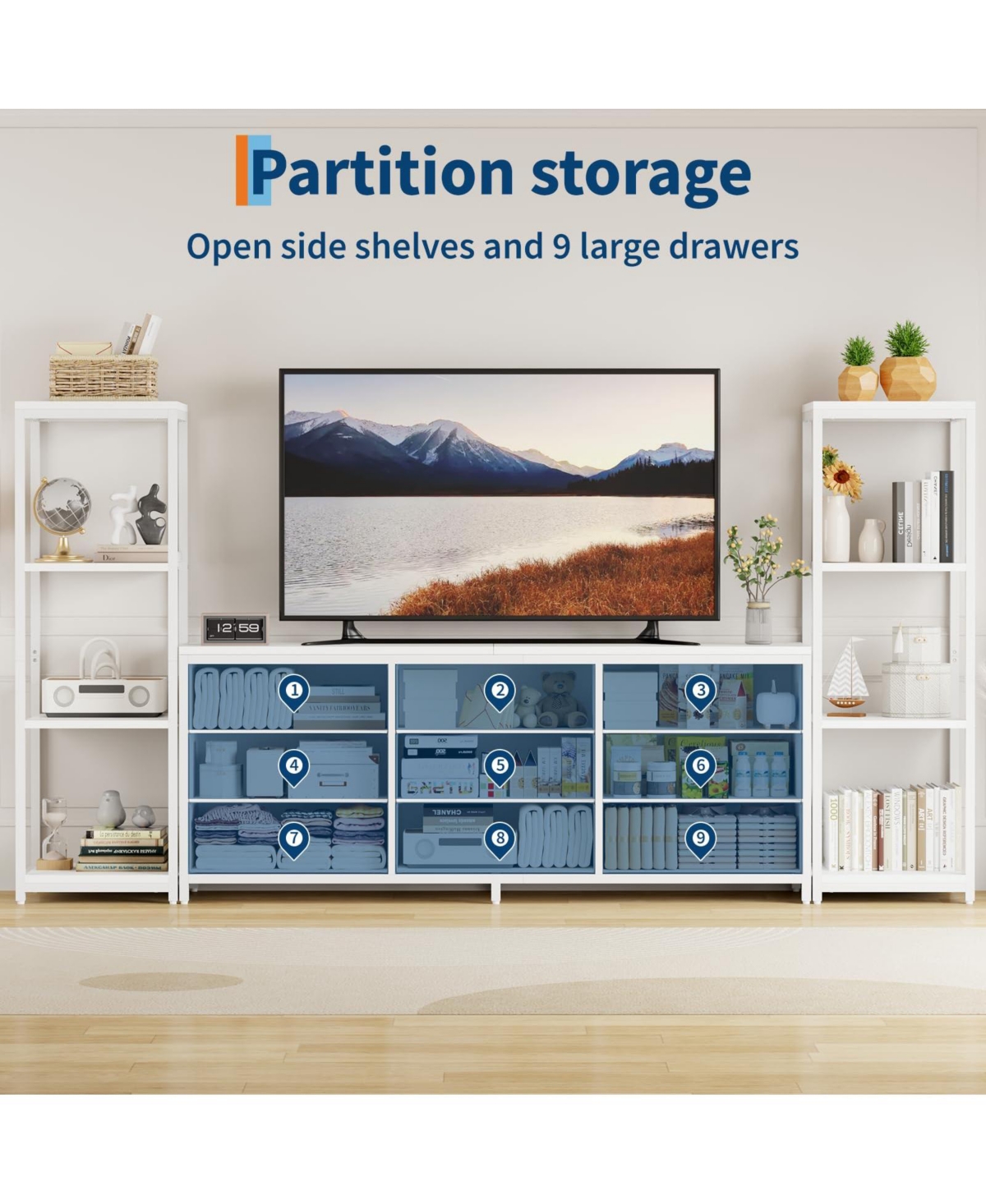 gaomon 89" Tv Stand with 9 Fabric Drawers and 4-Tier Shelves, Modern Entertainment Center for TVs up to 75"