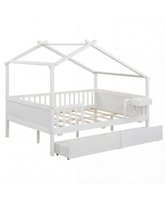 Kids Full House Bed Frame with Roof and Safety Rails