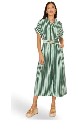 Women's Stripe Print Belted Midi Shirt Dress