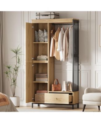 78.9" Armoire Wardrobe Closet with Shelves and Hanging Rod, Large Fixed Compartment for Bedding and Luggage, Open Design of the Hanging Area.
