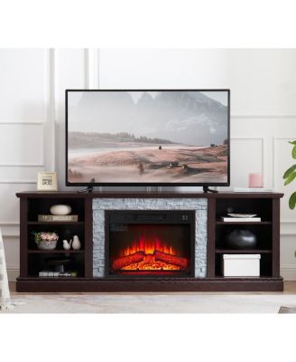 Large TV Desk Storage Rack with Faux Stacked Stone Surround, Media Console Table