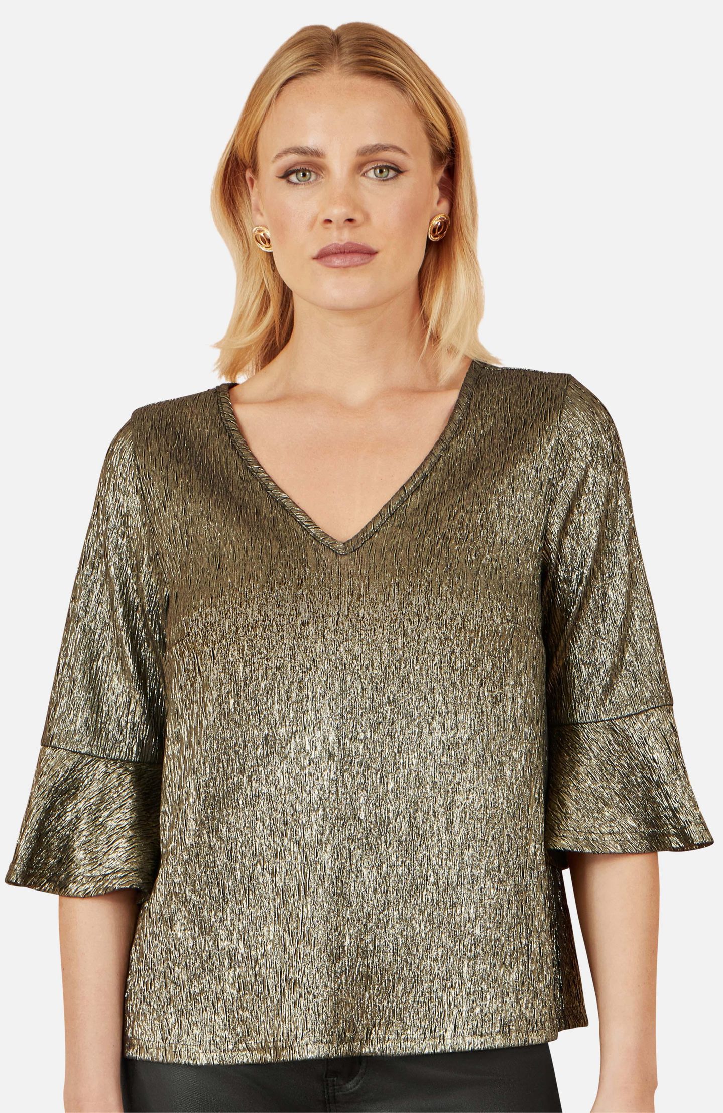Женский топ Yumi Fluted Sleeve Metallic Stretch, цвет: Золотой — фото 4