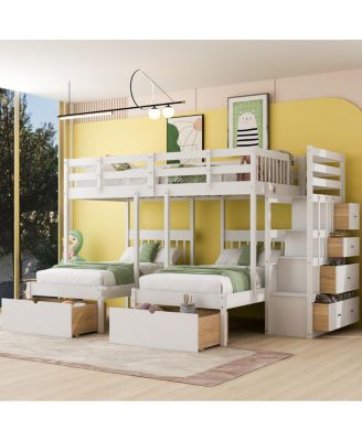  Wood Triple Bunk Bed with Drawers and Guardrails