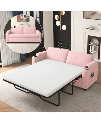 Corduroy Sleeper Sofa with Mattress, USB, Cup Holders and Pockets