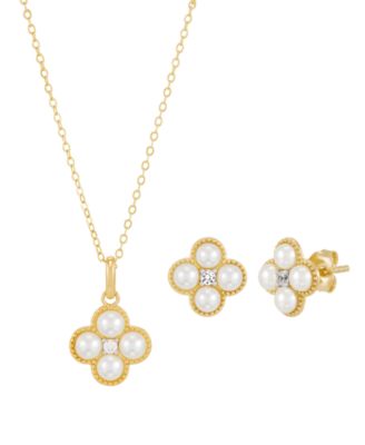 2-Piece Cultured Freshwater Pearls & Lab Grown White Sapphire (1/6 ct. t.w.) Necklace & Earring Set in 14k Yellow Gold-Plated Sterling Silver
