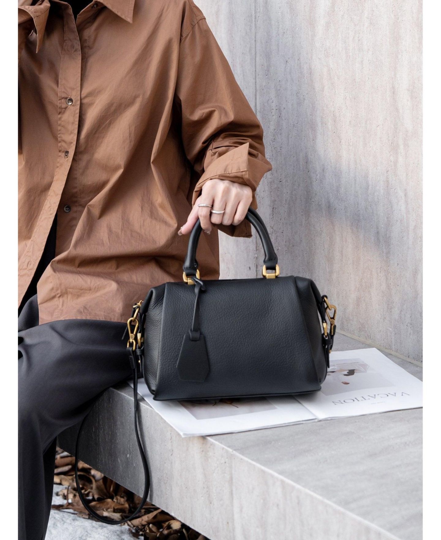 Женская сумка SUSU Pebbled Leather Top Handle Satchel Structured Crossbody Purse Handbag, цвет: Чёрный / Оникс чёрный — фото 2