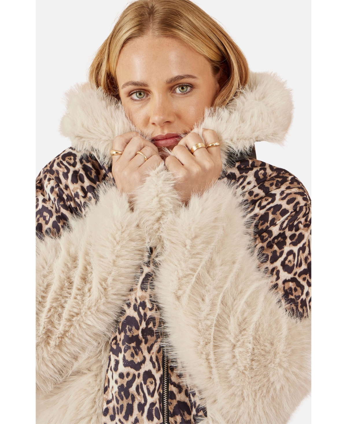Yumi Women's Faux Fur Biker Leopard Print Jacket