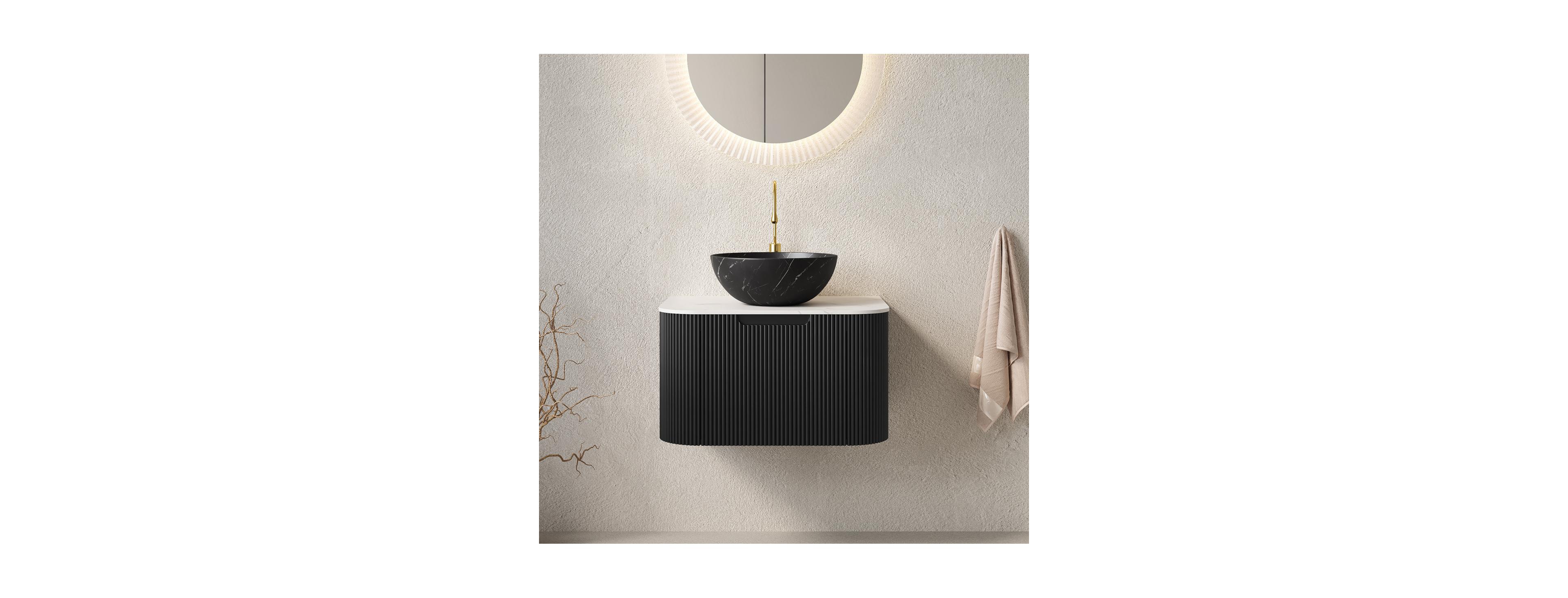 Sillysis Wall Mounted Bathroom Vanity, Carrara Sintered Stone Top , Striped Plywood Cabinet