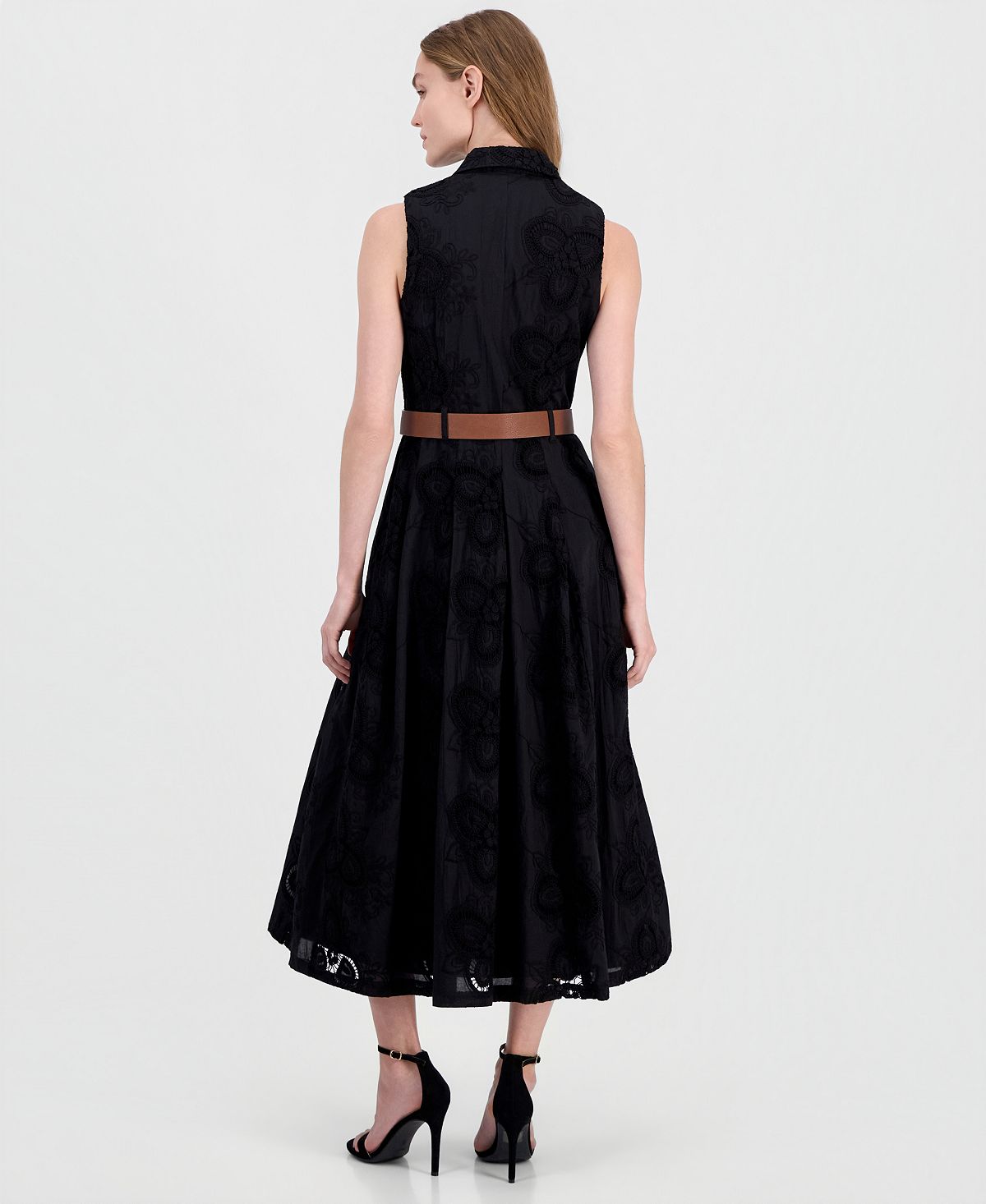 Anne Klein Women's Belted Eyelet Embroidered Cotton Midi Dress view 2 — MAYCSS fashion products