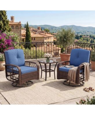3-Piece Outdoor Swivel Rocking Chair Set with Cushions and Glass Coffee Table, Wicker Patio Bistro Set for Porch or Garden