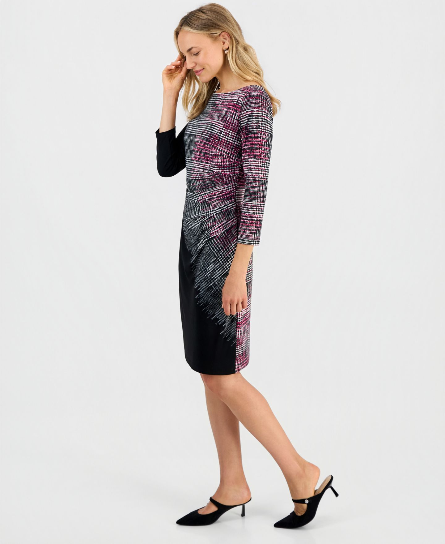 Женское платье Kasper Petite Boat-Neck Side-Pleat 3/4-Sleeve, цвет: Разноцветный — фото 3
