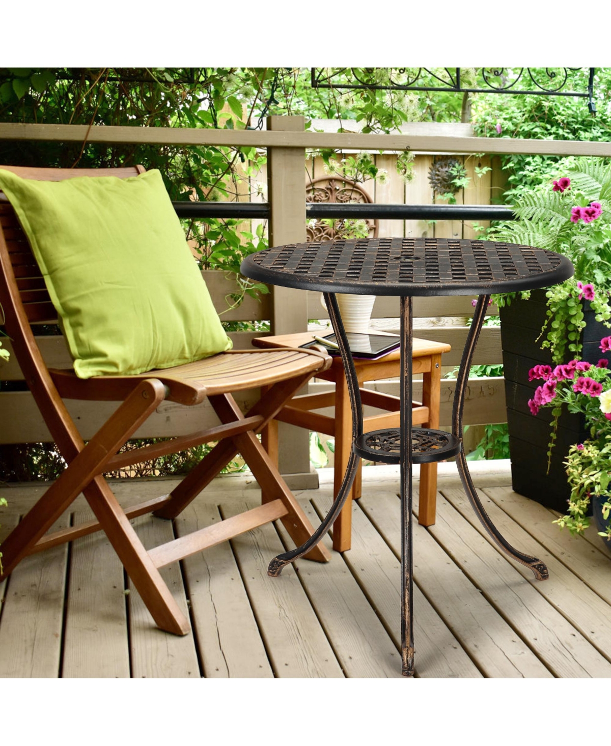 homfan 24-Inch Cast Aluminum Outdoor Patio Bistro Table, Weather-Resistant Round Dining Table w/ Umbrella Hole and Floral Lattice Design