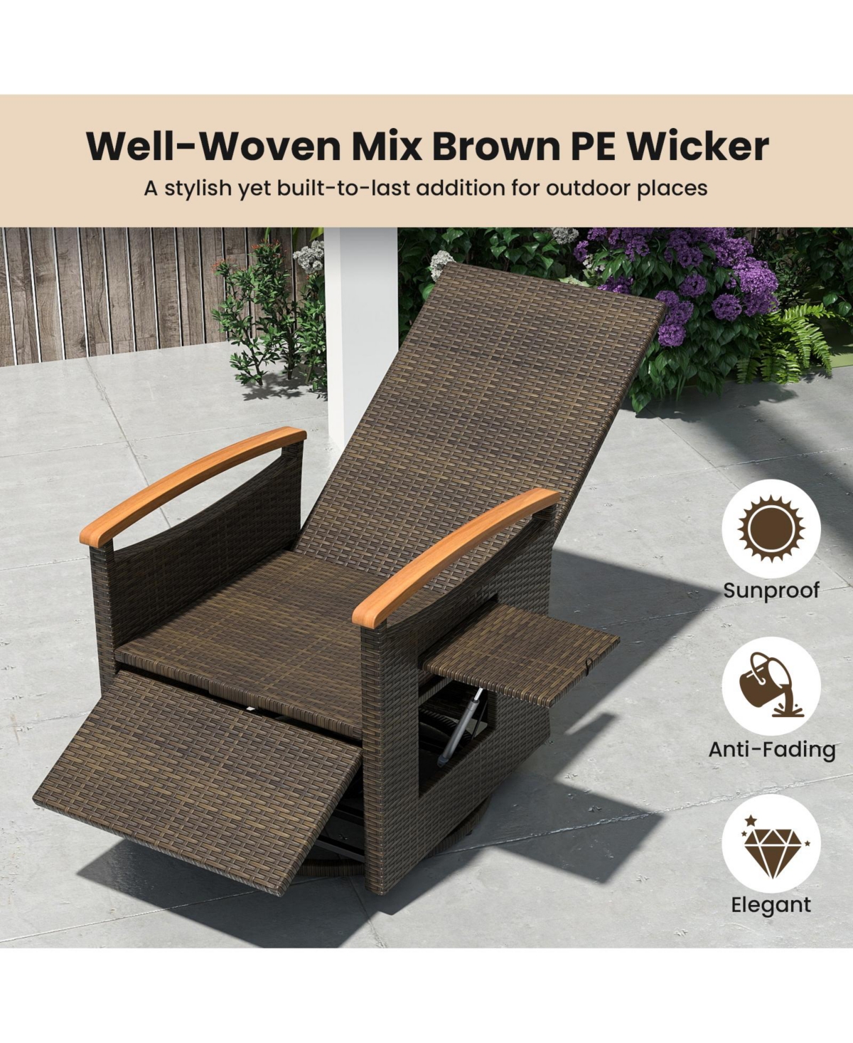 Slickblue Outdoor Rattan Swivel Recliner Chair with 360degree(s) Rotation, Adjustable Back and Footrest
