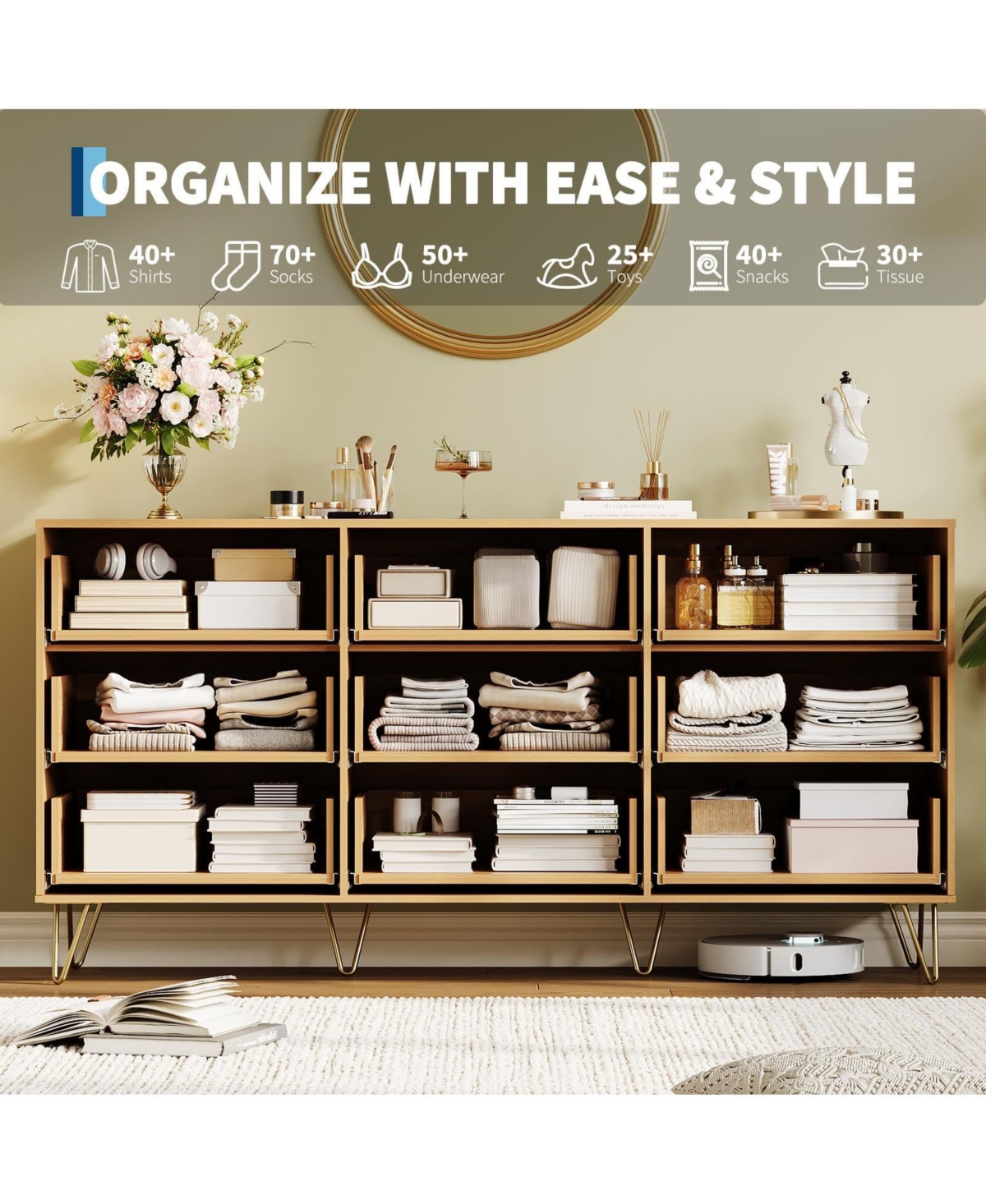 gaomon Fluted 9 Drawer Dresser for Bedroom, 63" Wide Wood Chest with Metal Handles Storage Cabinet