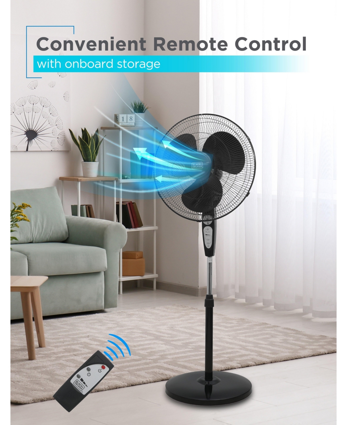 Black+Decker 18 inch Standing Oscillating Pedestal Fan with Remote, 90-Degree Oscillation, 3 Speed Settings