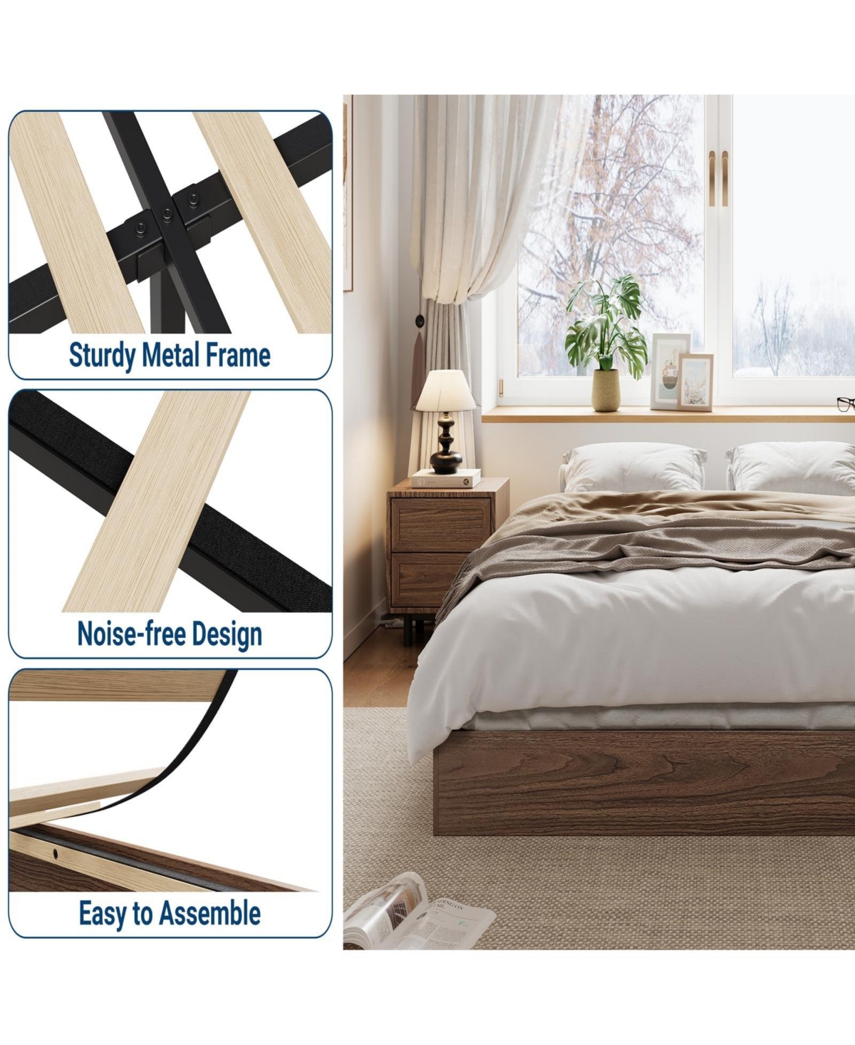homfan Wood Platform Bed Frame,Bed Frame Without Headboard, Wood Slat Support,No Box Spring Needed