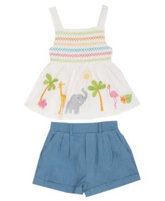 Toddler Girls' 2T-4T Clipped Dot Animal Embroidered Top and Shorts, 2-Piece Set
