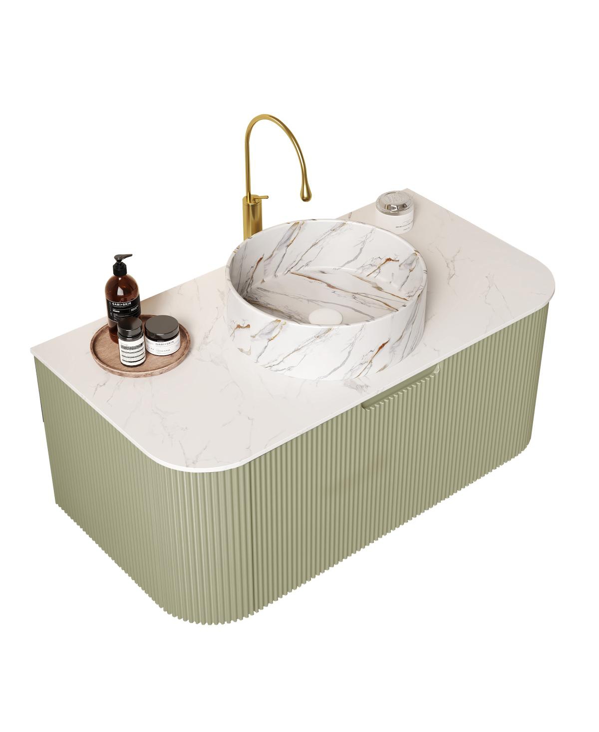 Sillysis Wall Mounted Bathroom Vanity, Artificial Marble Top with Round Ceramic Basin, 3D Striped Plywood Cabinet