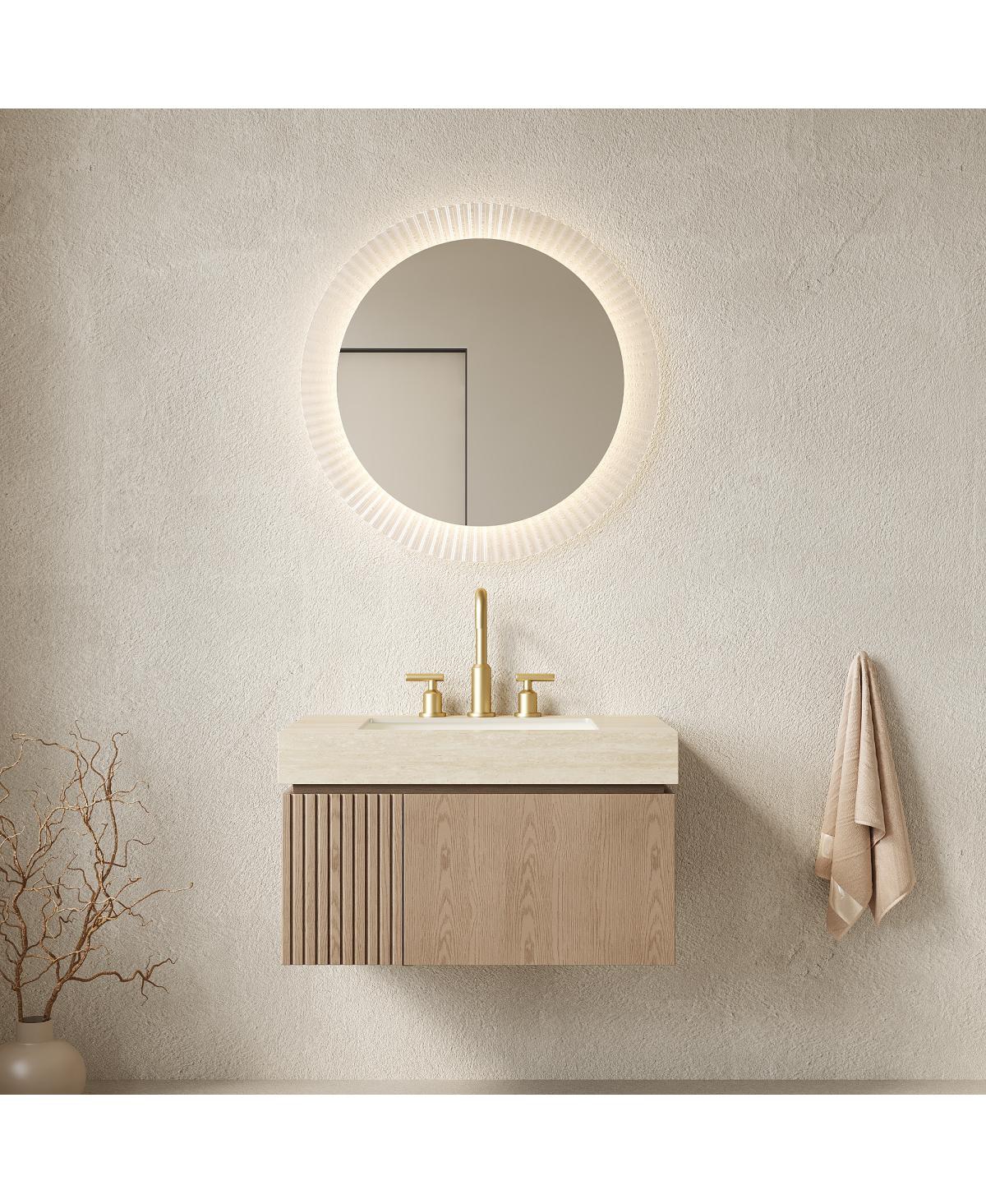 Sillysis Wall Mounted Bathroom Vanity, Travertine Pattern Sintered Stone Top, 3-Hole Ceramic Sink, Soft Close Cabinet