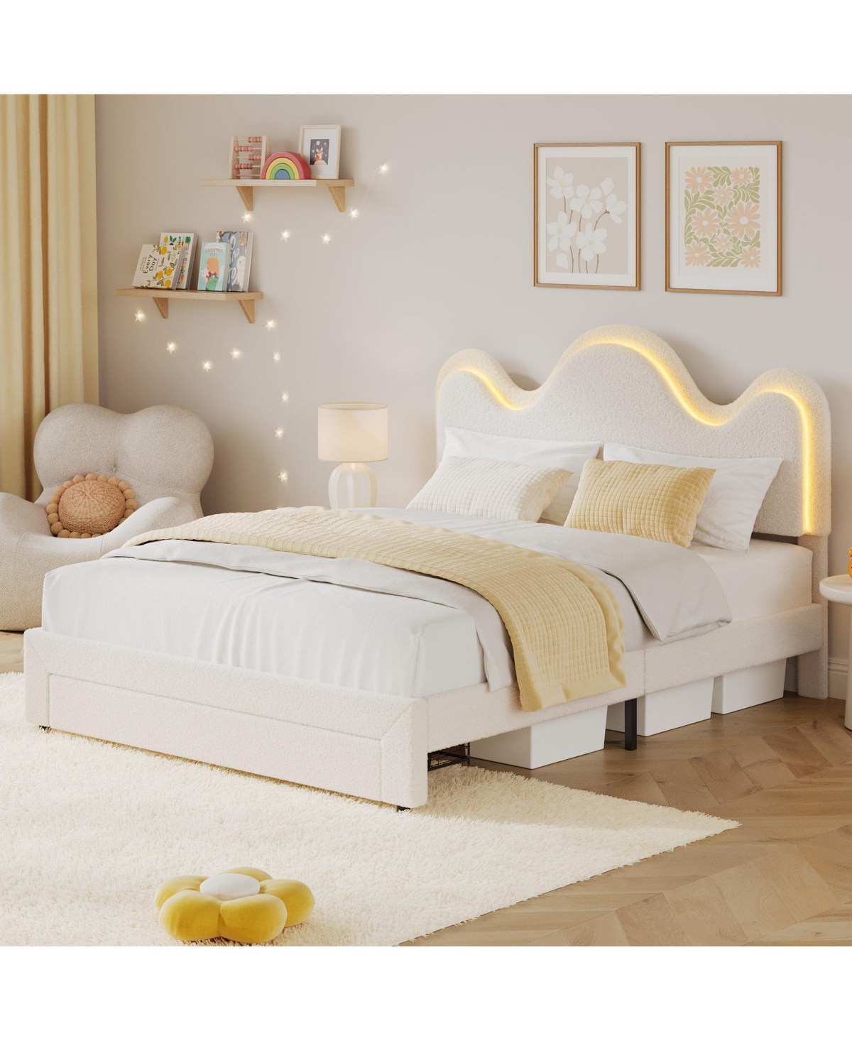 homfan Upholstered Led Platform Bed Frame with Flower Headboard and Storage Drawers, Wood Slat Support