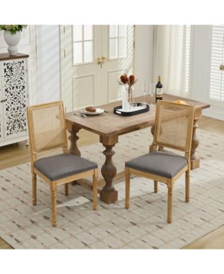 French Decor Chairs Set of 2, Louis Dining Chairs with Square Rattan Backrest and Exquisitely Carved Solid Wood Frame for Living Room