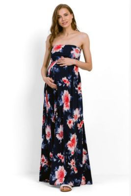 Maternity Strapless Empire Waist Floral Maxi Dress with Side Pockets