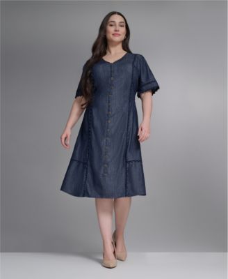 Plus Size Rayon-Blend Chambray V-Neck Dress