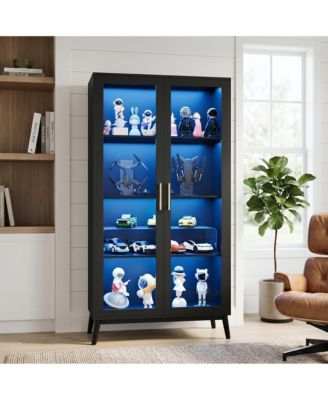 Glass Door Display Cabinet with Motion Sensor LED Lighting, Integrated USB Power Port and Open Shelving  Secure Anti Tip Storage Showcase
