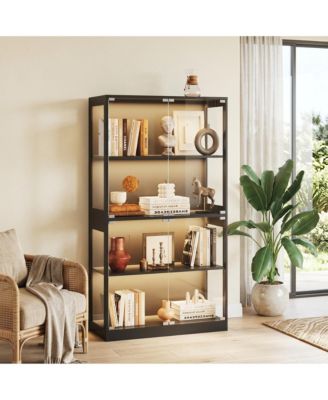Tempered Glass Display Cabinet with Motion Sensor LED Lighting and Built In USB, USB C Charging Ports Secure Anti Tip Storage Organizer