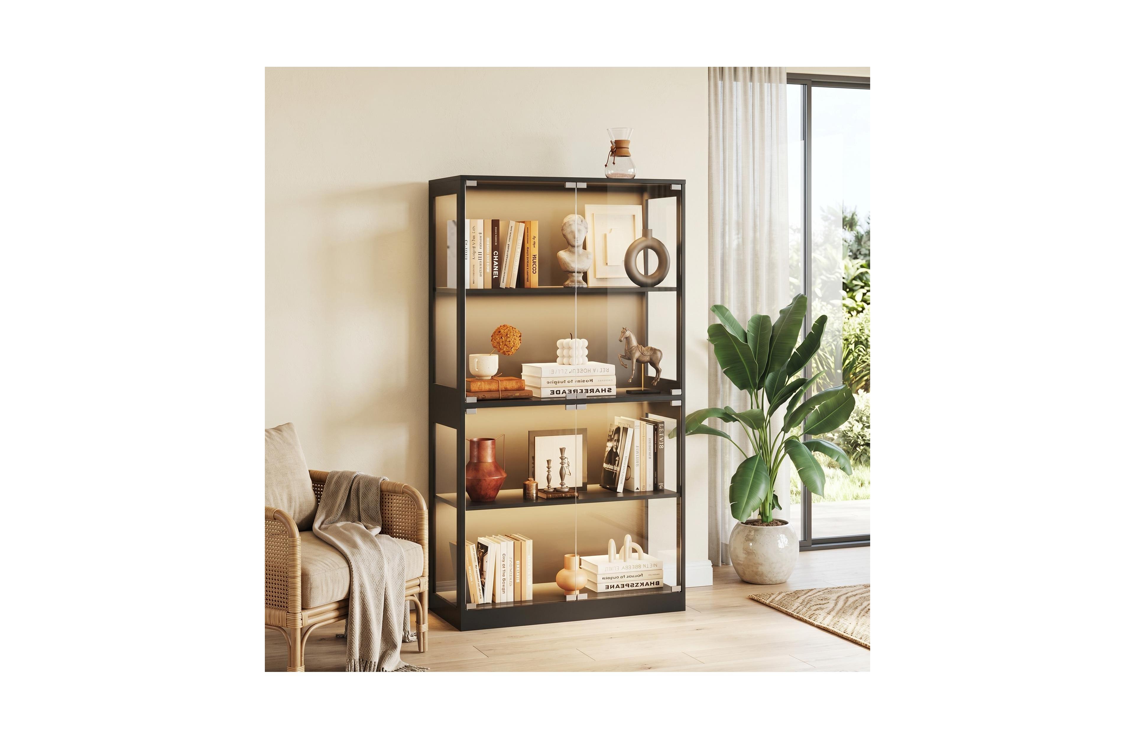 homfan Tempered Glass Display Cabinet with Motion Sensor Led Lighting and Built Usb, Usb C Charging Ports Secure Anti Tip Storage Organizer
