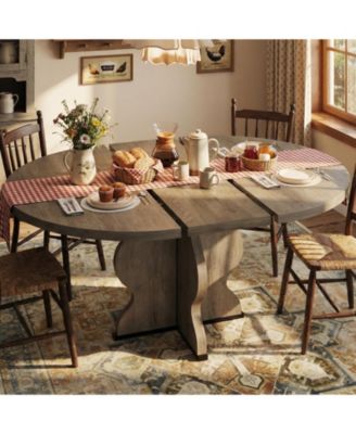 Extendable Round to Oval Dining Table for 4-8, Farmhouse Kitchen Table with Self-Storing Leaf, MDF Top, Metal Frame