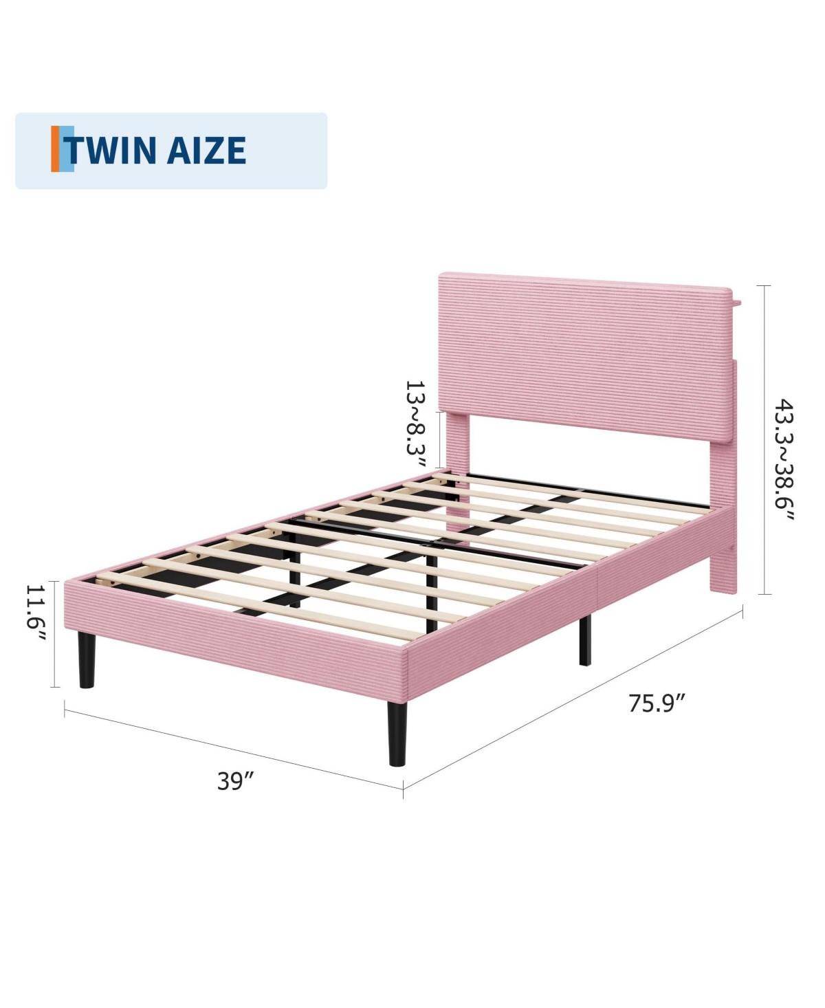 homfan Corduroy Upholstered Platform Bed Frame with Usb Charging Station, Adjustable Storage Headboard