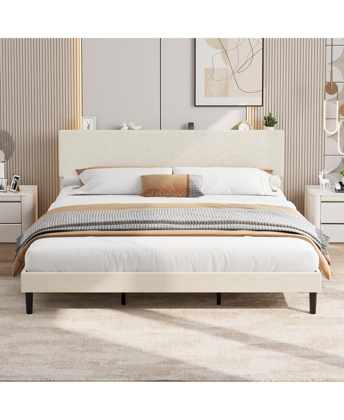 homfan Corduroy Upholstered Platform Bed Frame with Usb Charging Station, Adjustable Storage Headboard