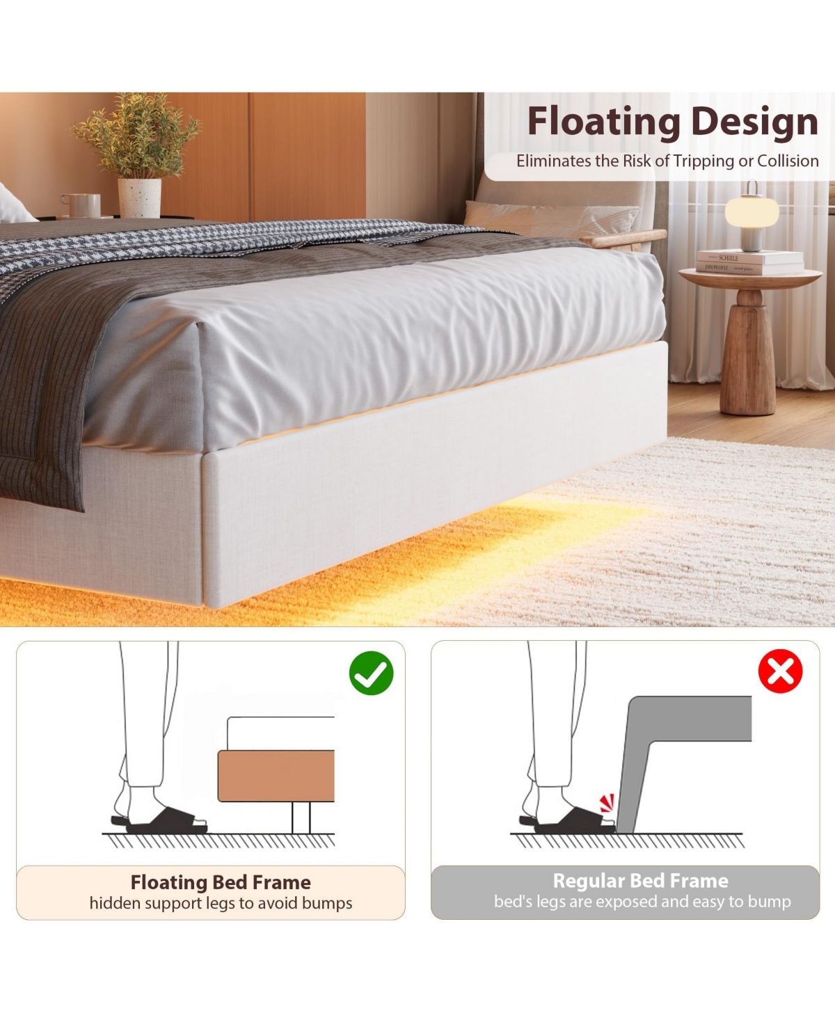 homfan Floating Platform Bed Frame with Led Lights, Charging Station and Storage Headboard, Upholstered Bed