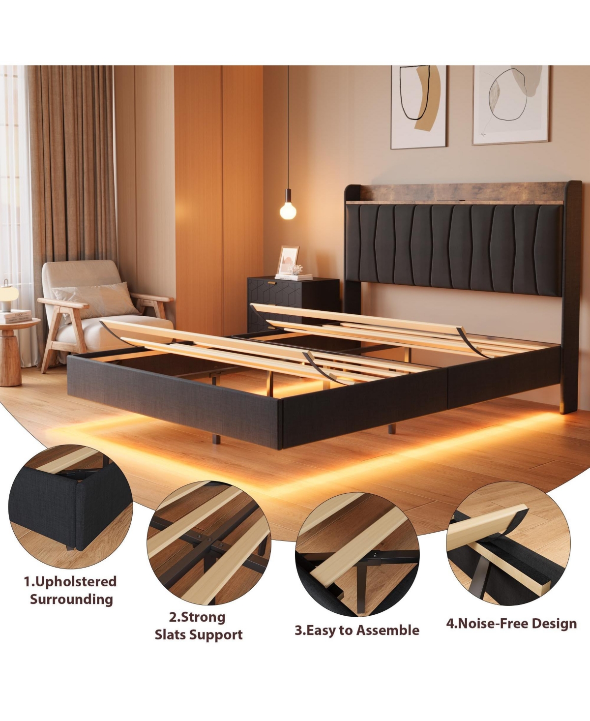 homfan Floating Platform Bed Frame with Led Lights, Charging Station and Storage Headboard, Upholstered Bed