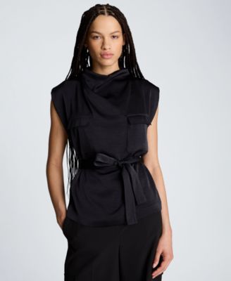 Women's Satin High Cowl Neck Tie Front Blouse with Chest Pockets