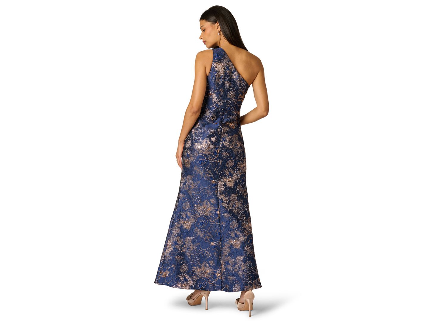 Женское платье Adrianna Papell Petite One-Shoulder Side-Slit Gown, цвет: Тёмно-синий розовое золото — фото 5