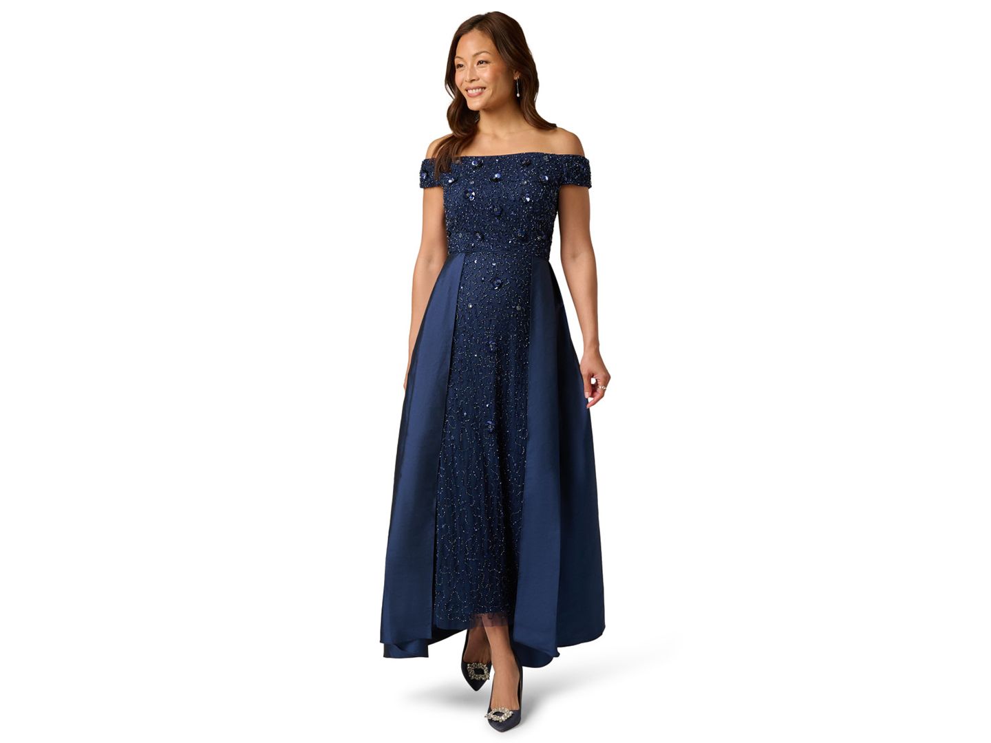 Женское платье Adrianna Papell Beaded Taffeta Overlay Ball Gown, цвет: Светлый тёмно-синий — фото 1
