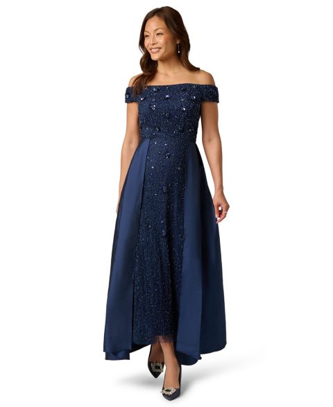 Женское платье Adrianna Papell Beaded Taffeta Overlay Ball Gown, цвет: Светлый тёмно-синий